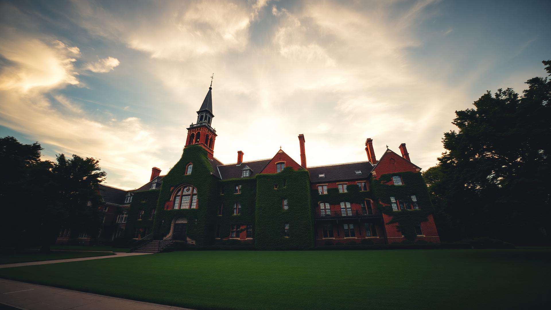 Historic ivy-covered campus building at golden hour